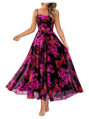 Women's Summer Maxi Dress Floral A-Line Sleeveless Mesh Long Formal Dress